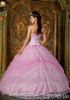 2014 Pink Ball Gown Strapless Appliques Quinceanera Dress with Hand Made Flower