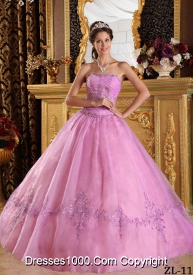 2014 Pink Ball Gown Strapless Floor-length Appliques Quinceanera Dress with Beading