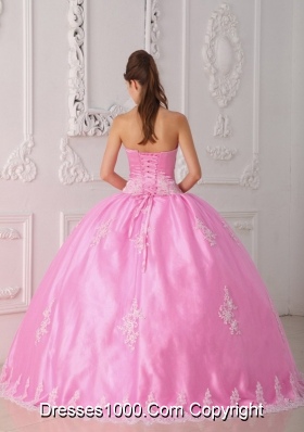 2014 Romantic Pink Ball Gown Strapless Lace Quinceanera Dress with Appliques