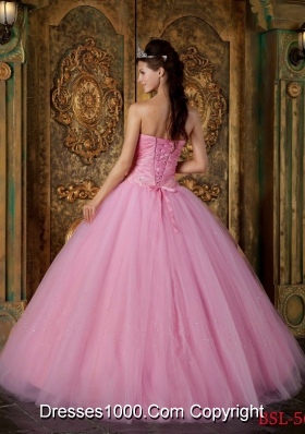 2014 Romantic Rose Pink Ball Gown Strapless Quinceanera Dress with Appliques