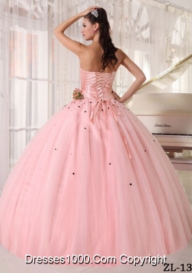 Lovely Pink Beading Ball Gown Strapless Quinceanera Gowns with Ruching