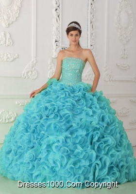 Strapless Organza Beading Ball Gown Quinceanera Dress in Blue