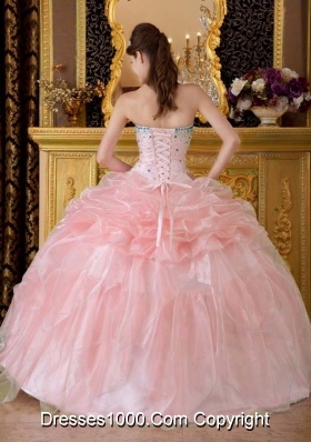 2014 Beautiful Pink Ball Gown Strapless Beading Quinceanera Dress with Pick-ups