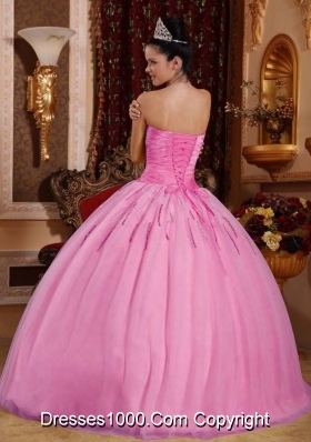 2014 Exclusive Rose Pink Puffy Sweetheart Beading Quinceanera Dress