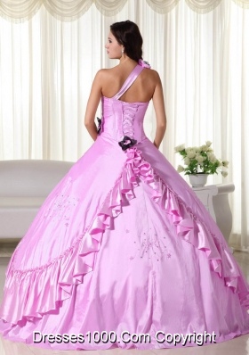 2014 Pink Ball Gown One Shoulder Appliques Quinceanera Dress with Beading