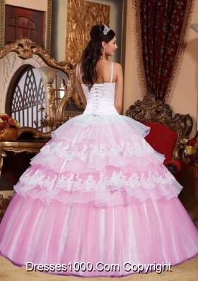 2014 Pink Ball Gown Spaghetti Straps Appliques Quinceanera Dress with Ruffled Layers