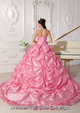 2014 Quinceanera Dress in Hot Pink Ball Gown Chapel Train with Beading