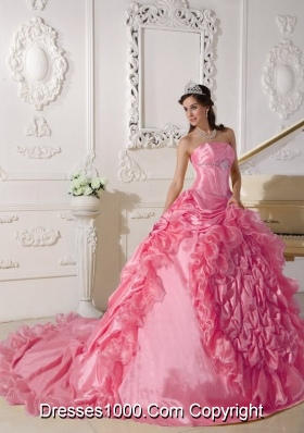 2014 Quinceanera Dress in Hot Pink Ball Gown Chapel Train with Beading