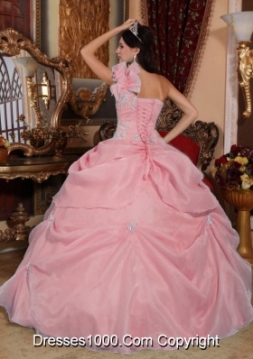 Lovely Pink Ball Gown One Shoulder Quinceanera Dress with Appliques