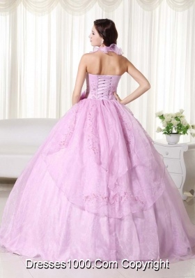 Pink Puffy Halter Beading 2014 Quinceanera Dress with Embroidery