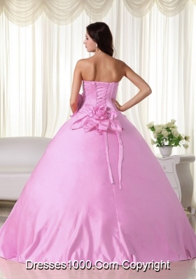 Pink Puffy Strapless Beading Quinceanera Dresses with Hand Made Flower