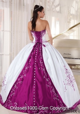 Fuchsia and White Strapless Satin Embroidery Sweet Sixteen Quinceanera Dresses