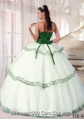 Puffy Strapless Organza Appliques Green and White Quinceanera Dress