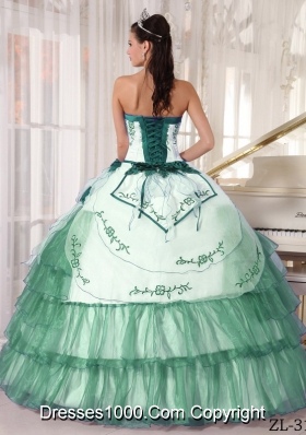 Sweetheart Organza Embroidery Turquoise and White Quinceanera Dress