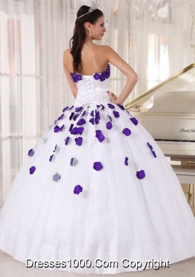 White Strapless Beading and Purple Floral Dresses For a Quinceanera