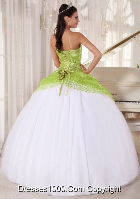 Yellow Green and White Quinceanera Dresses Spaghetti Straps Sequin Appliques