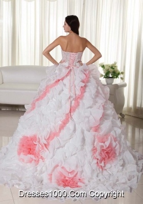 2014 Ball Gown Sweetheart Court Train Organza Appliques White and Red Quinceanera Dress