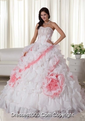 2014 Ball Gown Sweetheart Court Train Organza Appliques White and Red Quinceanera Dress