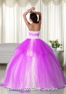 Attractive Ball Gown Strapless Floor-length Tulle Beading White and Red Quinceanera Dress