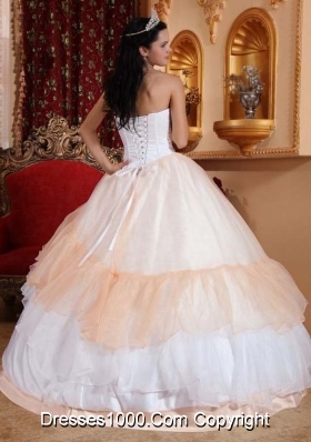 Champagne and White Organza Embroidery Quinceanera Gowns