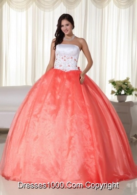 Elegant Orange Red Ball Gown Strapless Floor-length Organza White and Red Quinceanera Dress