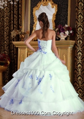 Elegant White Princess Organza Blue Embroidery Quinceanera Dress