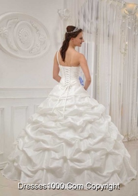 One Shoulder White Quinceanera Gown with Beading and Hand Flowers