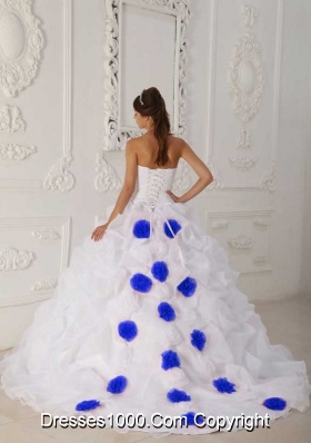 Organza Hand Made Flowers and Pick-ups White Court Train Quinceanera Gowns