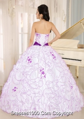 Organza Strapless White Puffy Quinceaneras Dress with Purple Embroidery