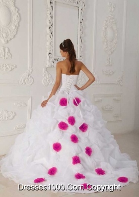 Strapless Court Train Organza White Quinceanera Dress with Hot Pink Hand Made Flowers