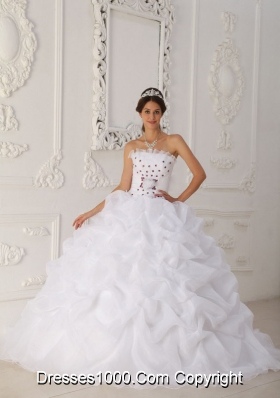 Strapless Court Train Organza White Quinceanera Dress with Hot Pink Hand Made Flowers