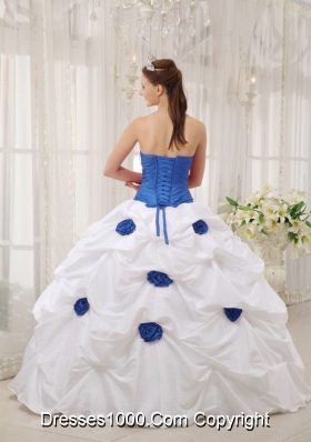 Strapless Taffeta Hand Made Flower Blue and White Quinceneara Dresses with Beading