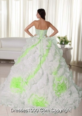 Sweetheart Court Train Organza Appliques and Ruffles White Quinceanera Gowns