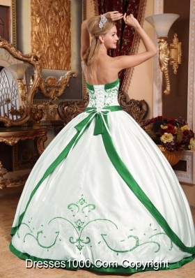 White and Green Puffy Satin Embroidery Quincianera Dresses for Cheap