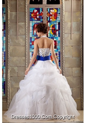 White Beaded Halter Organza Quinceanera Dress with Royal Blue Sash