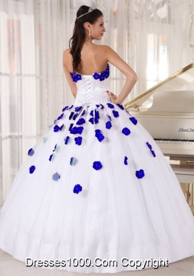 White Beading and Royal Blue Hand Made Flowers Dresses For a Quinceanera