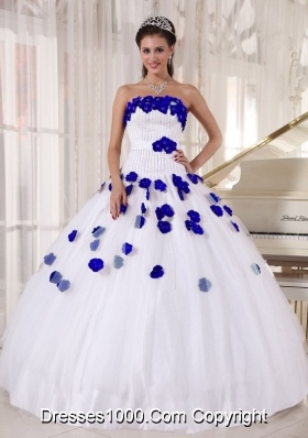 White Beading and Royal Blue Hand Made Flowers Dresses For a Quinceanera