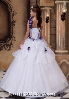 White One Shoulder Purple Hand Made Flowers Quinceaneras Dress