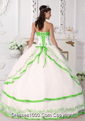 White Organza Quince Dresses with Beading and Green Embroidery