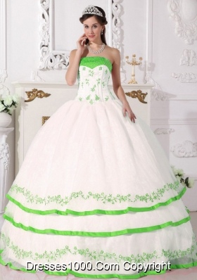 White Organza Quince Dresses with Beading and Green Embroidery