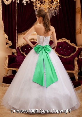 White Princess Strapless Appliques Dress For Quinceaneras with Turquoise Bow