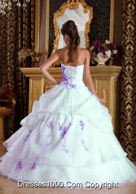 White Princess Strapless Organza Sweet 15 Dresses with Purple Appliques