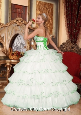 White Puffy Strapless Detachable Train Layers Appliques Quince Dresses