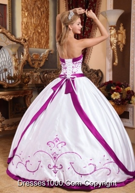 White Puffy Strapless Quinceanera Gowns with Fuchsia Embroidery