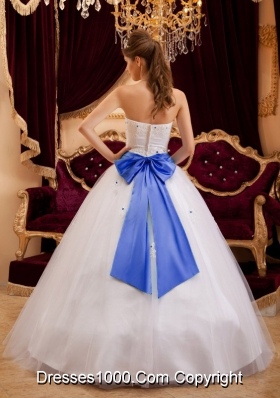 White Strapless Appliques Sweet 16 Dresses with Blue Bowknot