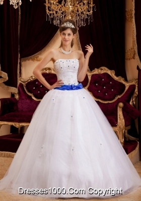 White Strapless Appliques Sweet 16 Dresses with Blue Bowknot