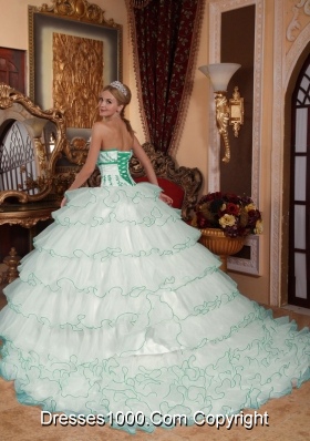 White Strapless Detachable Train Organza Appliques Quinceanera Dress with Layers