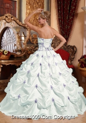 White Strapless Taffeta Appliques and Pick-ups Quinceanera Gowns