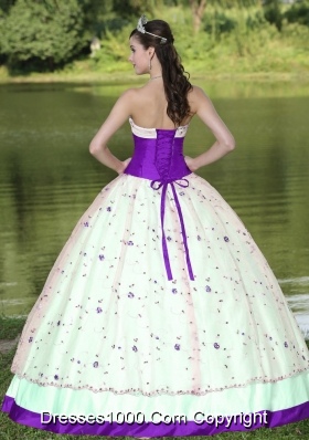 Flower Decorate Strapless Purple and White Quinceanera Gowns