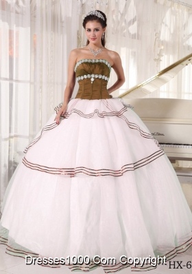 Puffy Brown and White Organza Appliques Dresses Quinceanera
